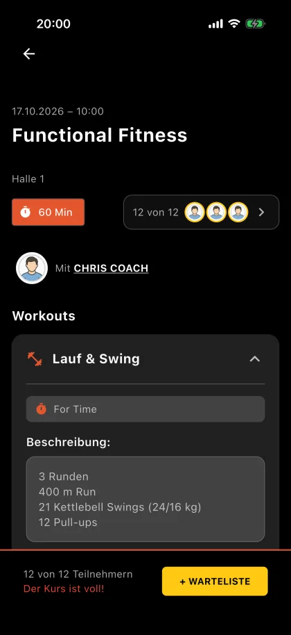 Kursdetails in der App mit Workout und Wartelisten-Button